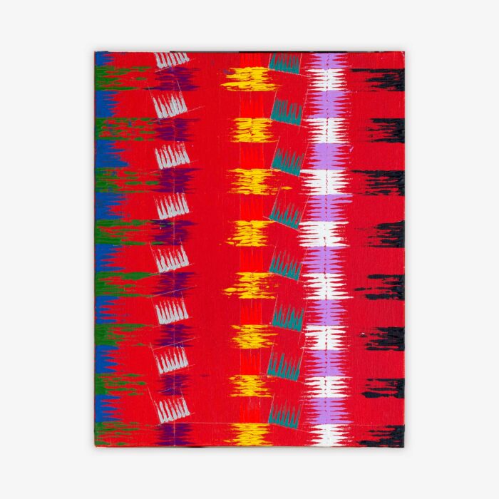 Abstract painting by artist Isabell Villacis titled "Language of Colors' with a colorful all-over pattern on a red background.
