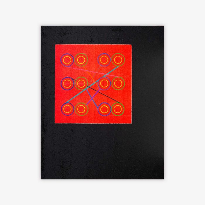 Abstract painting by artist Lee Papierowicz titled "Mysteries of Love" featuring a vibrant orange square with geometric pattern in shades of blue, green, yellow, and pink on a black background.