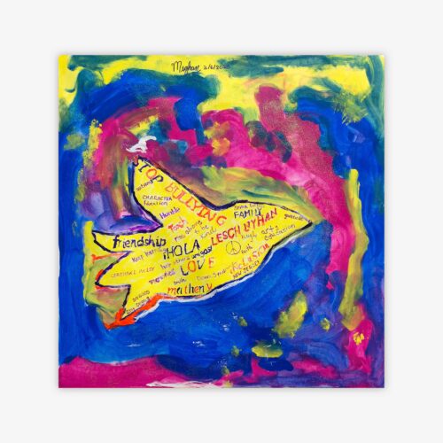 Painting by artist Meghan Forte titled "Love" featuring bird shape in yellow with text on a colorful blue, pink, and yellow background.