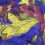 Detail from "Love," an abstract acrylic painting by Meghan F, featuring bird shape in yellow with text on a colorful blue, pink, and yellow background.