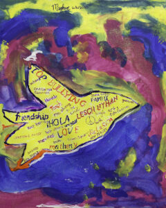 Detail from "Love," an abstract acrylic painting by Meghan F, featuring bird shape in yellow with text on a colorful blue, pink, and yellow background.