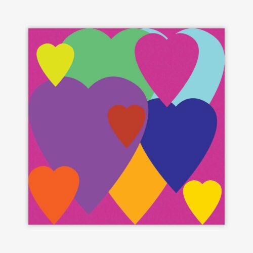 "Untitled" painting by artist Misty Hockenbury with colorful heart shapes in shades of green, purple, blue, yellow, and orange on a purple background.