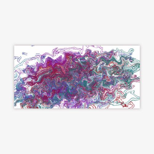 Abstract painting by artist Natalia Manning titled "Freak" with design in shades of purple, red, and aqua on a white background.