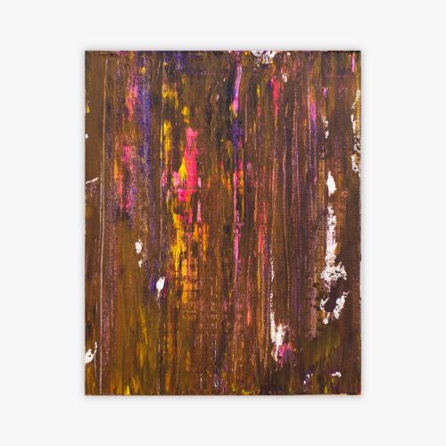 Abstract painting by artist Dani Urso-King titled "The Worst Birthday Ever" featuring vertical design in shades of pink, yellow, purple, and white.