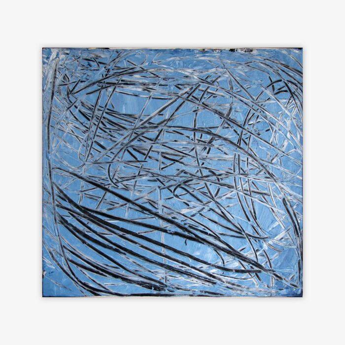 Abstract painting by artist Hassan Daughety titled "Singin' the Blues" with an all-over black and white design on a blue background.