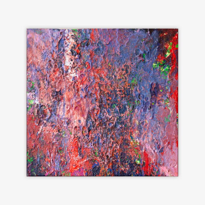 Abstract painting by artist by Lee Papierowicz titled "Just Me 1" with colorful, textured design in shades of red, blue, green, white, and yellow.