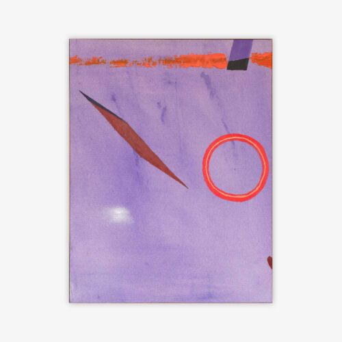 "Untitled" abstract painting by artist Peter Nichols featuring orange, red and purple shapes on a lavender background.