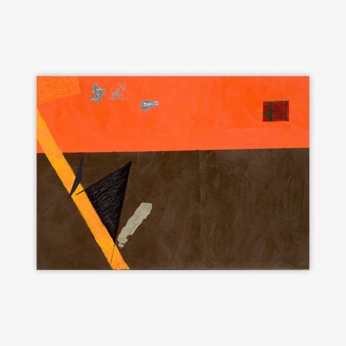 Abstract painting by artist Peter Nichols titled "This Painting Doesn't Need a Title" featuring geometric shapes in shades of orange, black, and silver.