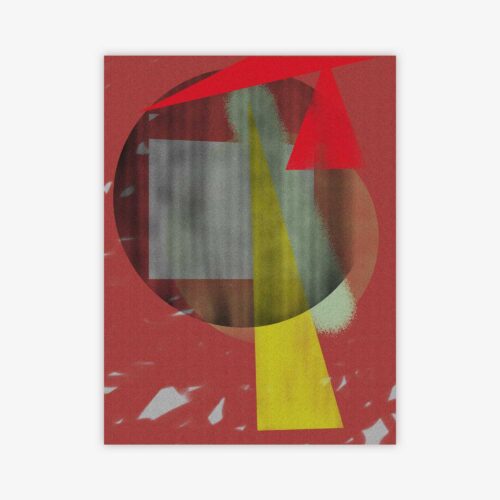 Abstract painting by artist Paul Santo titled "Red" featuring geometric shapes in shades of red, yellow, grey, and black on a red background.