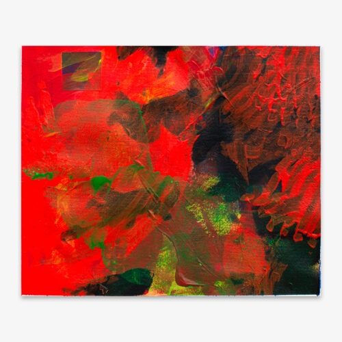 Abstract painting by artist Lee Papierowicz titled "Happy Halloween" in shades of red, green, and black.