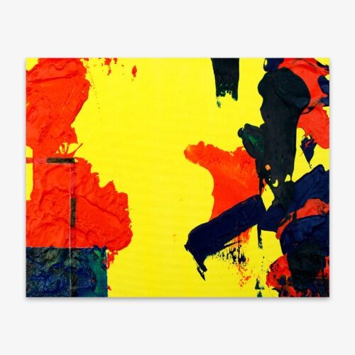Abstract painting by artist Anthony Zaccaria titled "It's Christmas Eve at Hotel Transylvania 3" with bold red, black, and blue shapes on a bright yellow background.