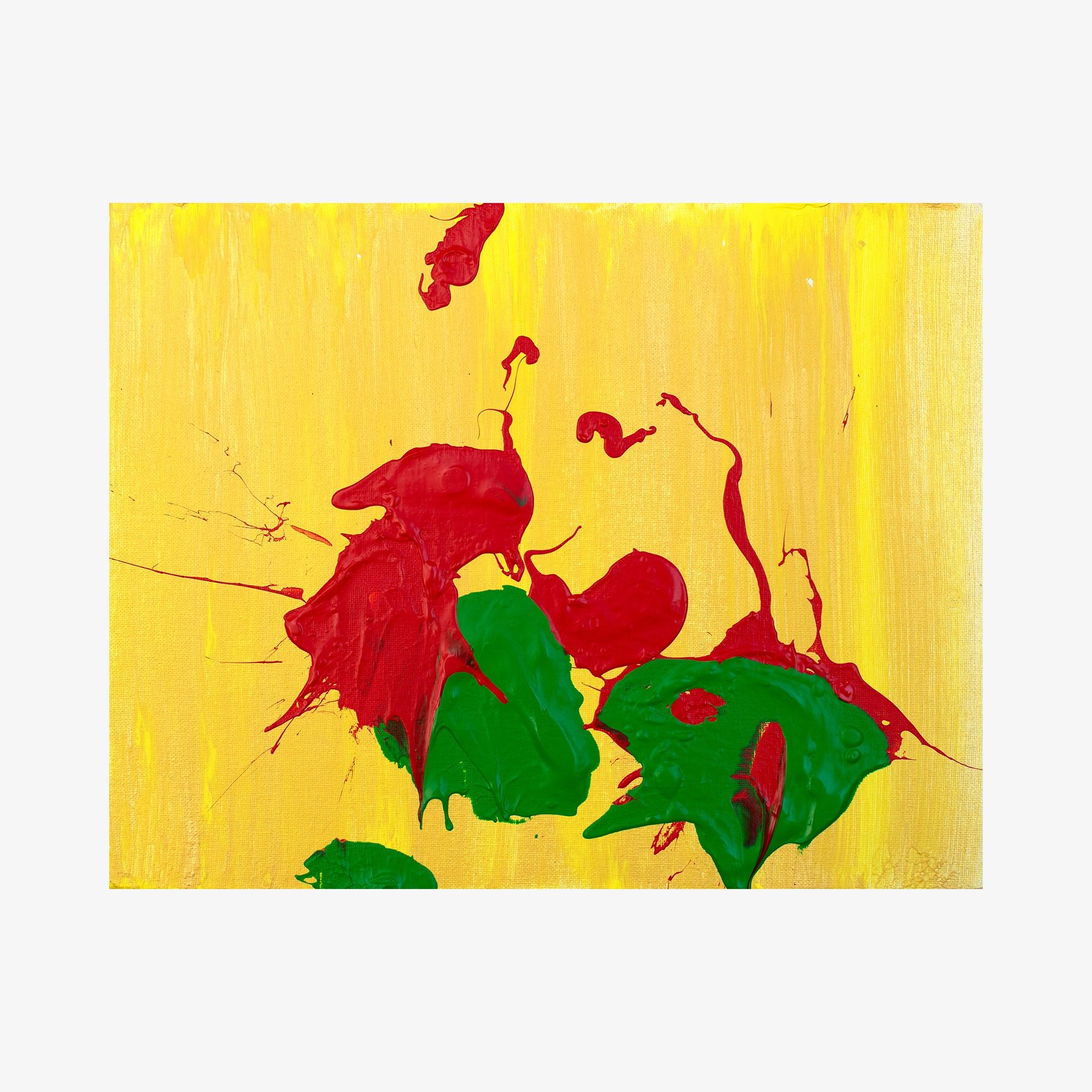Abstract painting by artist Anthony Zaccaria titled "2021 A Better Year" with red and green splatter paint design on a bright yellow background.