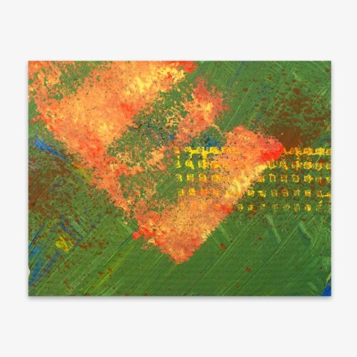 Abstract "Untitled" painting by artist Bari Kim Goldrosen with yellow and orange shapes and patterns on a green background.