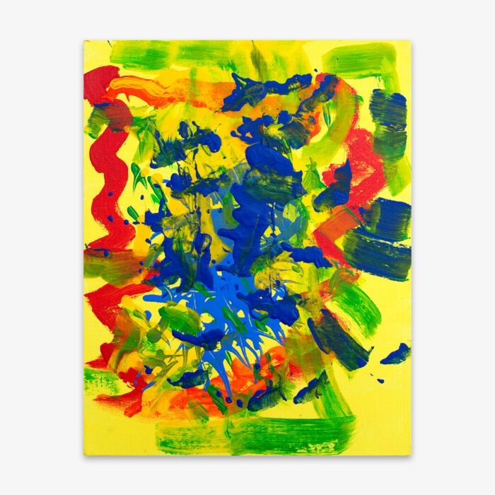 Abstract painting by artist Cheryl Chapin titled "Multi-Colored Design" with bold red, blue, green, and blue design on a bright yellow background.