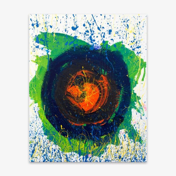 Abstract painting by artist Cheryl Chapin titled "An Expanding Universe" featuring blue, green, and orange bulls eye design surrounded by fine blue and yellow splatter paint on a white background.
