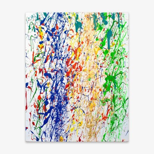 Abstract painting by artist Cheryl Chapin titled "Extreme Finger Flicking" with all-over splatter paint design in shades of blue, red, yellow, and green on a white background.