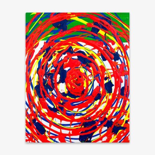 Abstract painting by artist Cheryl Chapin titled "Anybody for Pizza?" featuring bold bulls eve design in red, yellow, and blue on a white and green background.