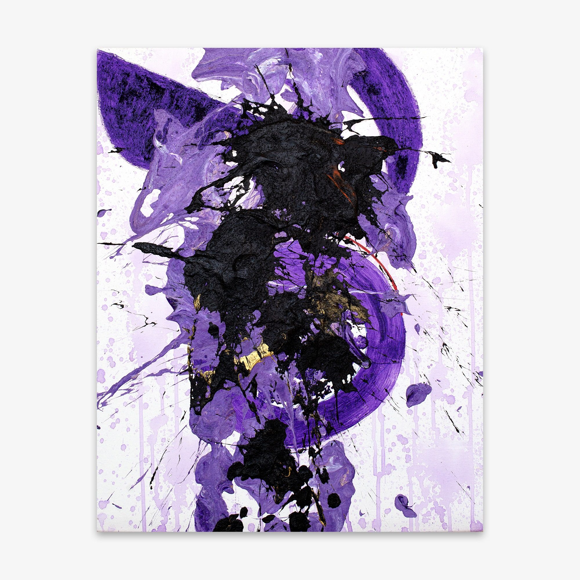 Abstract painting by artist Chester Cheesman titled "Purple Night" with bold purple and black shapes on a light background.