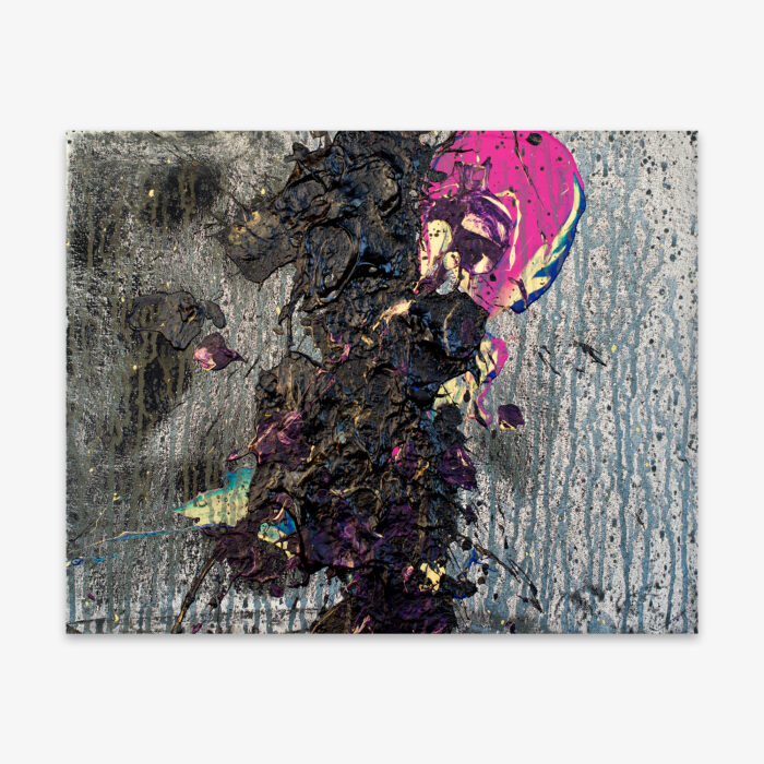 Abstract painting by artist Chet Cheesman titled "I Love Faith" with splatter and drip paint design in shades of pink, black, blue, and yellow on a lighter grey-blue background.