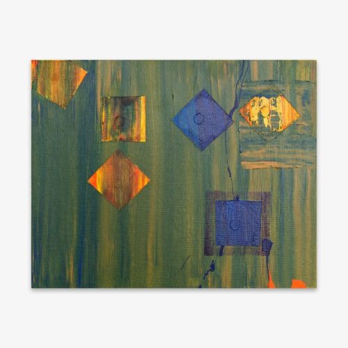 Abstract "Untitled" painting by artist Hassan Daughety featuring a design with geometric shapes in shades of blue, yellow, and orange.
