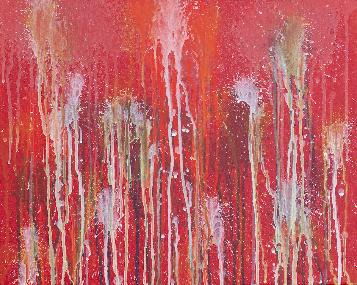 Abstract painting titled "I'm a Survivor of the COVID-19 Virus" by artist Isabell Villacis featuring drip paint design in shades of white, plum, and orange on a red background.