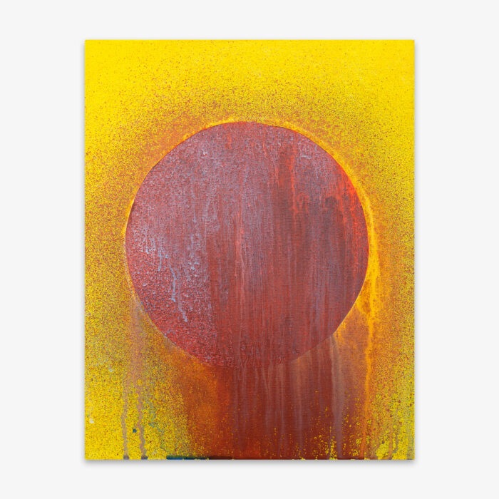 Painting by artist Isabell Villacis titled "The Light of the Sun" featuring a red sphere on a bright yellow background.