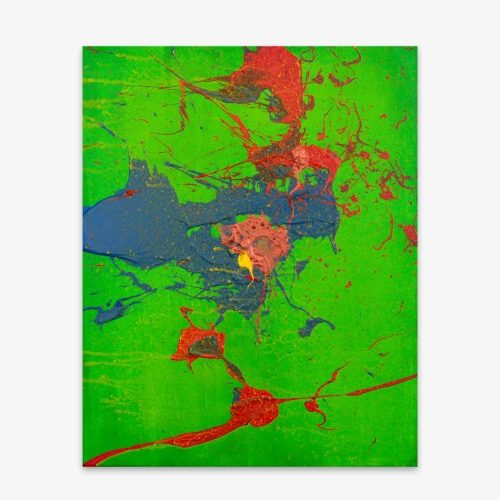 Abstract "Untitled" painting by artist Lee Papierowicz with red, pink, and blue splatter on a vibrant green background.