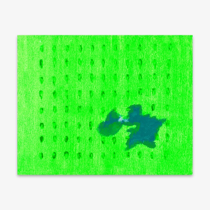 Abstract "Untitled" painting by artist Nancy Soto with dark blue and green shapes on a bright green background.