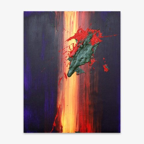 Abstract painting by artist Paul Santo titled "A Future Album Cover" with red and black splatter paint on a dramatic dark blue and bright yellow and red background.