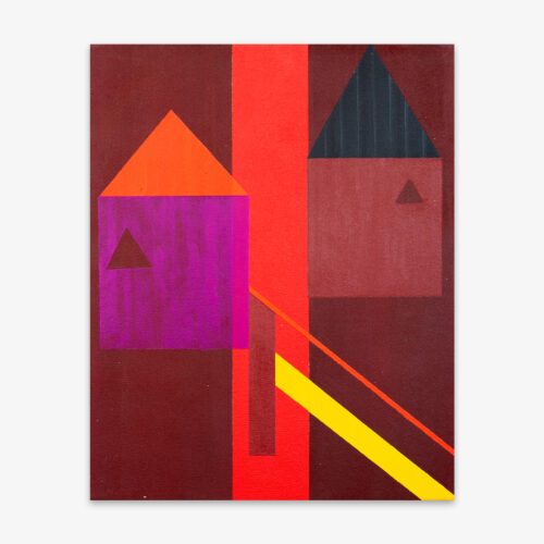 Painting by artist Rasheeda Mahali titled "Treehouse" with colorful geometric shapes in shades of red, purple, orange, yellow, and black on a maroon background.