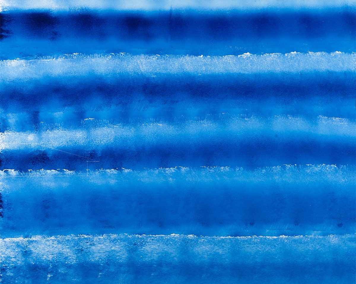 Cropped portion of an abstract painting by artist Luis Rodriguez titled "Jason Christie" featuring brilliant shades of blue in a horizontal pattern.