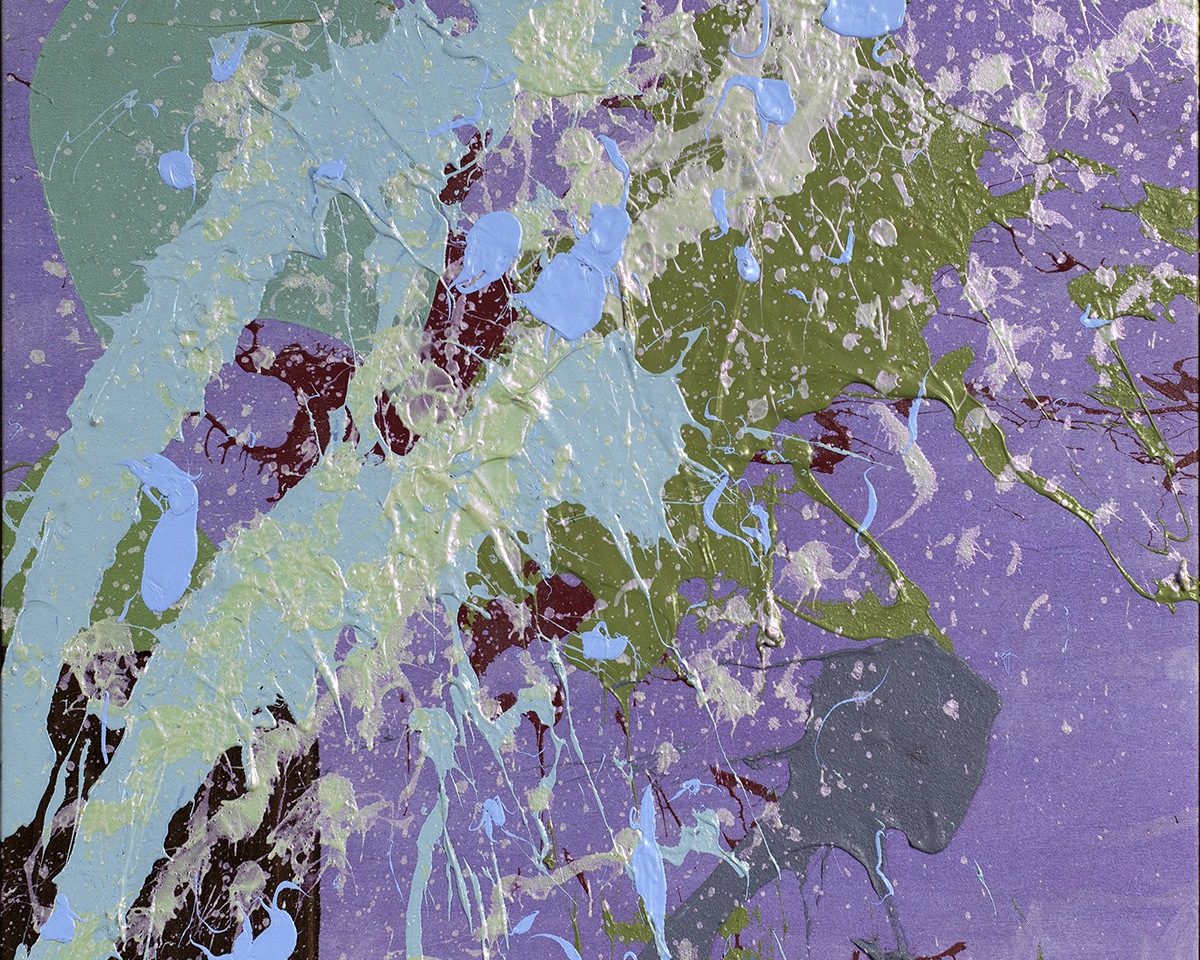 Cropped portion of an abstract painting by artist Misty Hockenbury titled "My Color Wedding" with splatter design in shades of purple, green, and blue.