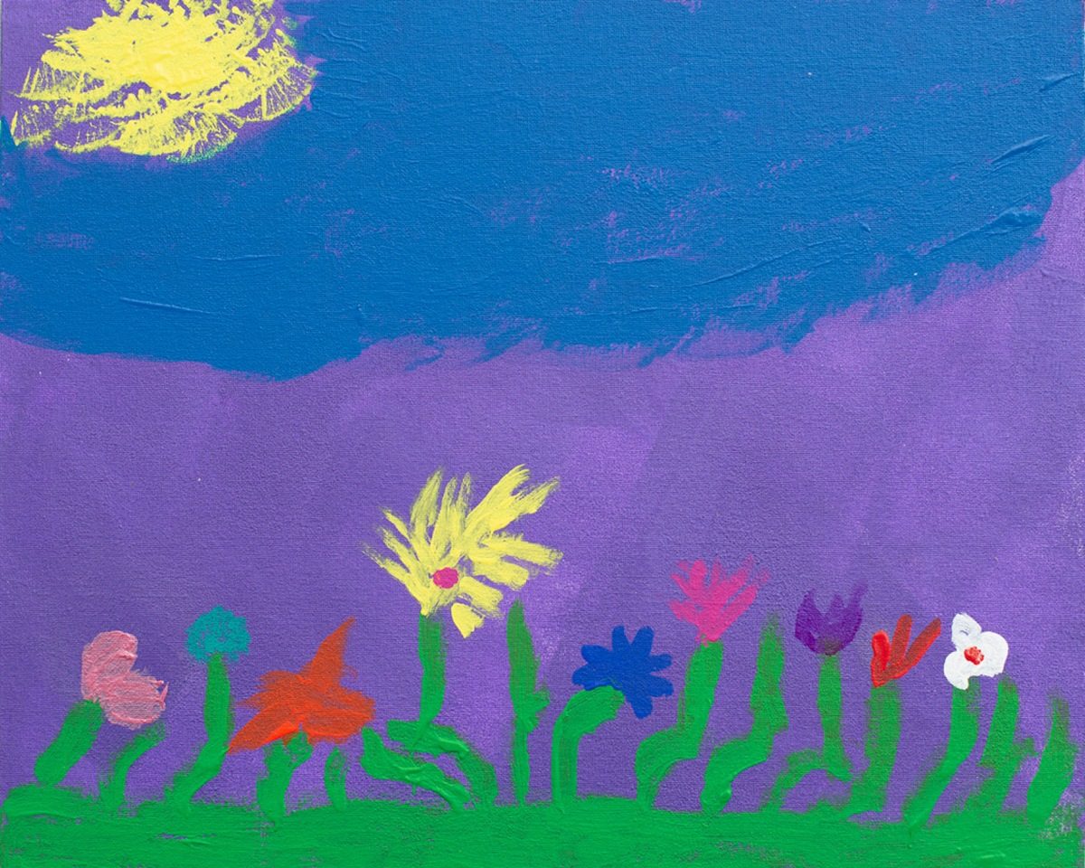 Cropped portion of a painting by artist Cheryl Chapin titled "A Burst of Spring" with colorful flowers and grass under a sunny blue sky.