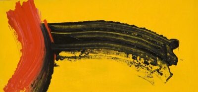 Abstract "Untitled" painting by artist Ellen Kane with broad black and red brush strokes on a vibrant yellow background.
