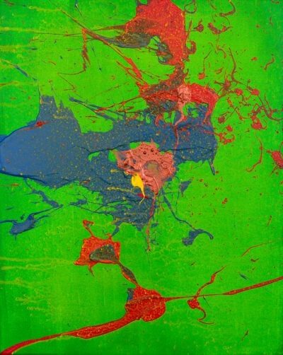 Abstract "Untitled" painting by artist Lee Papierowicz with red, pink, and blue splatter on a vibrant green background.