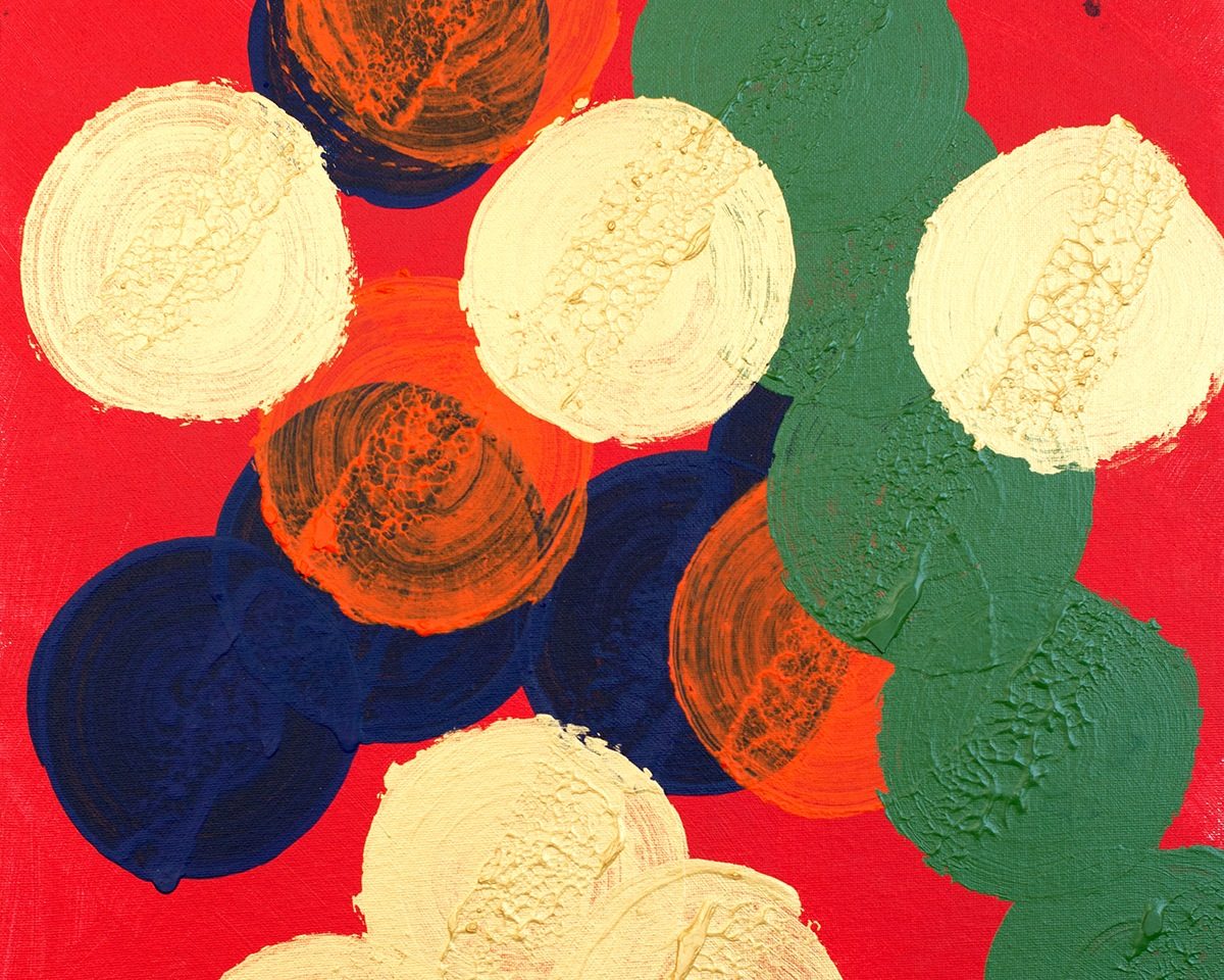 Cropped portion of an abstract painting by artist Philip Fisher titled "Mardi Gras" with round shapes in blue, green, beige, and orange on a red background.
