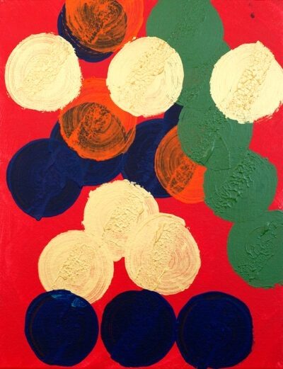 Abstract painting titled "Mardi Gras" by artist Philip Fisher with round shapes in blue, green, beige, and orange on a red background.