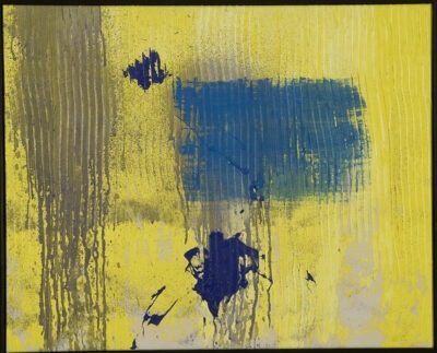 Abstract "Untitled" painting by artist Thomas Christian with blue, grey, and white design on a yellow background.