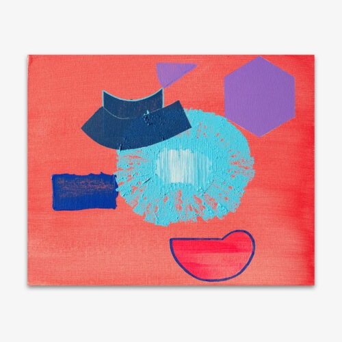 Abstract painting by artist Andy Lash titled "Not Early Play" with bold blue, purple, and red shapes on an orange background.