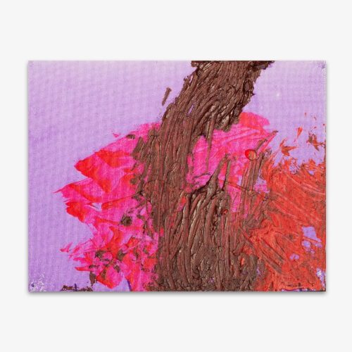 Abstract painting by artist Amy Myers titled "Butterflies in Spring" in pink, red, and brown shapes on a bright lavender background.