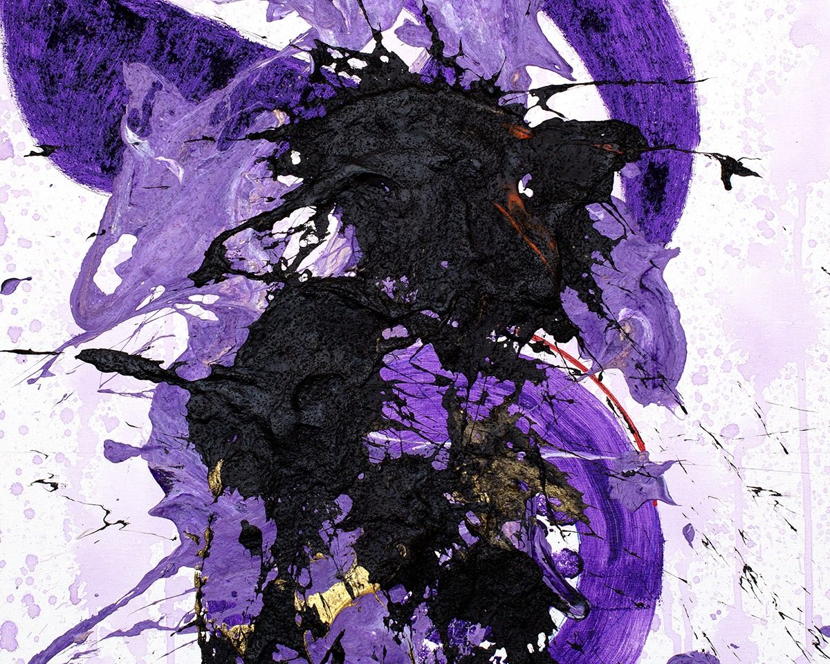 Cropped portion of a painting by artist Chester Cheesman titled "Purple Night" with bold purple and black shapes on a light background.