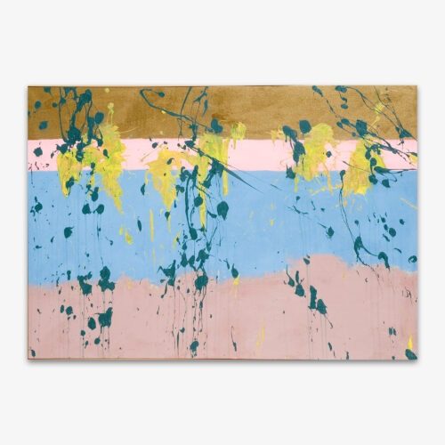 Abstract painting by artist Chester Cheesman titled "Independent (aka Screw You)" with blue and yellow splatter on a gold, pink, blue, and lavender background.