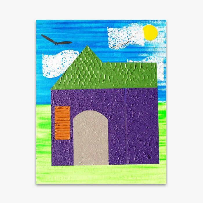 "Untitled" Painting by artist Cynthia Shanks featuring a purple building with green roof against a bright blue sky and green ground.