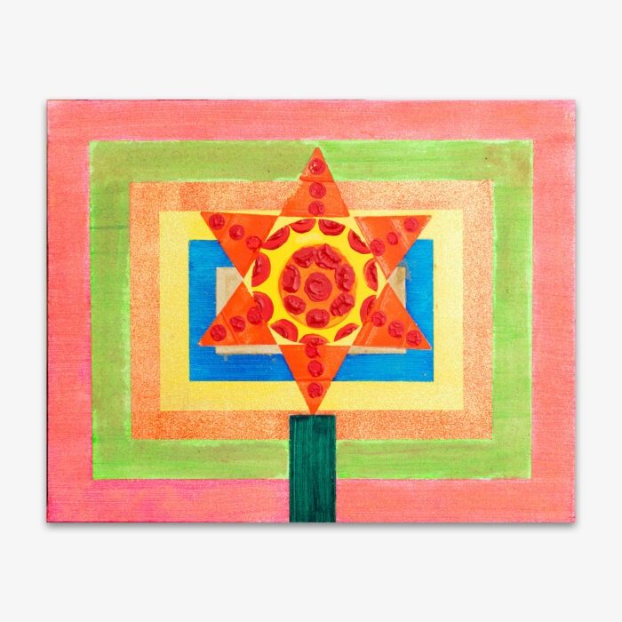 Painting titled "Flower Power" by artist Jessica Evans featuring a yellow and orange six pointed star on a background of orange, green, yellow, and blue.
