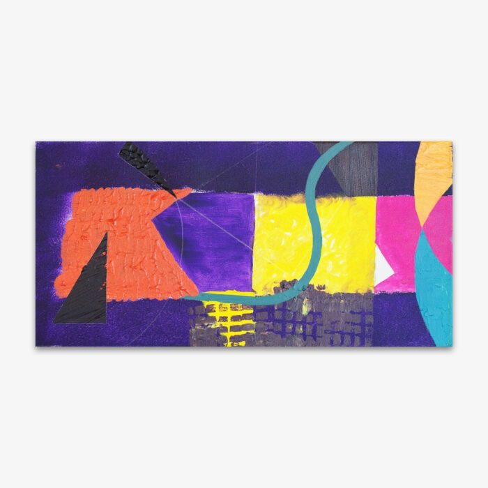 Abstract painting by artist Michael Young titled "Playground" with bold orange, blue, yellow, pink, and black shapes on a dark blue background.