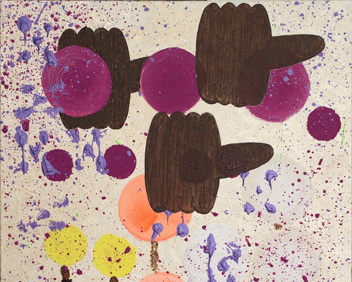 Cropped portion of an abstract painting by artist Tammy Heppner featuring brown, purple, yellow, and peach shapes on a light background with purple and blue splatter.