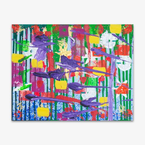 Abstract painting titled "Roses in the Garden with Lilac Bushes in Maine" by artist Tammy Heppner in vibrant shades of blue, purple, green, red, white, and yellow.