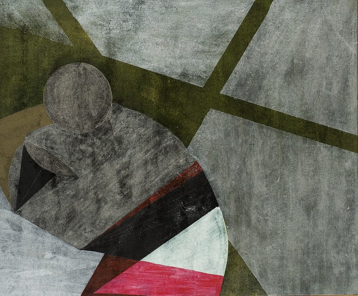 Abstract painting by artist Eric Corbin featuring geometric shapes in shades of grey, green, black, red, with white.