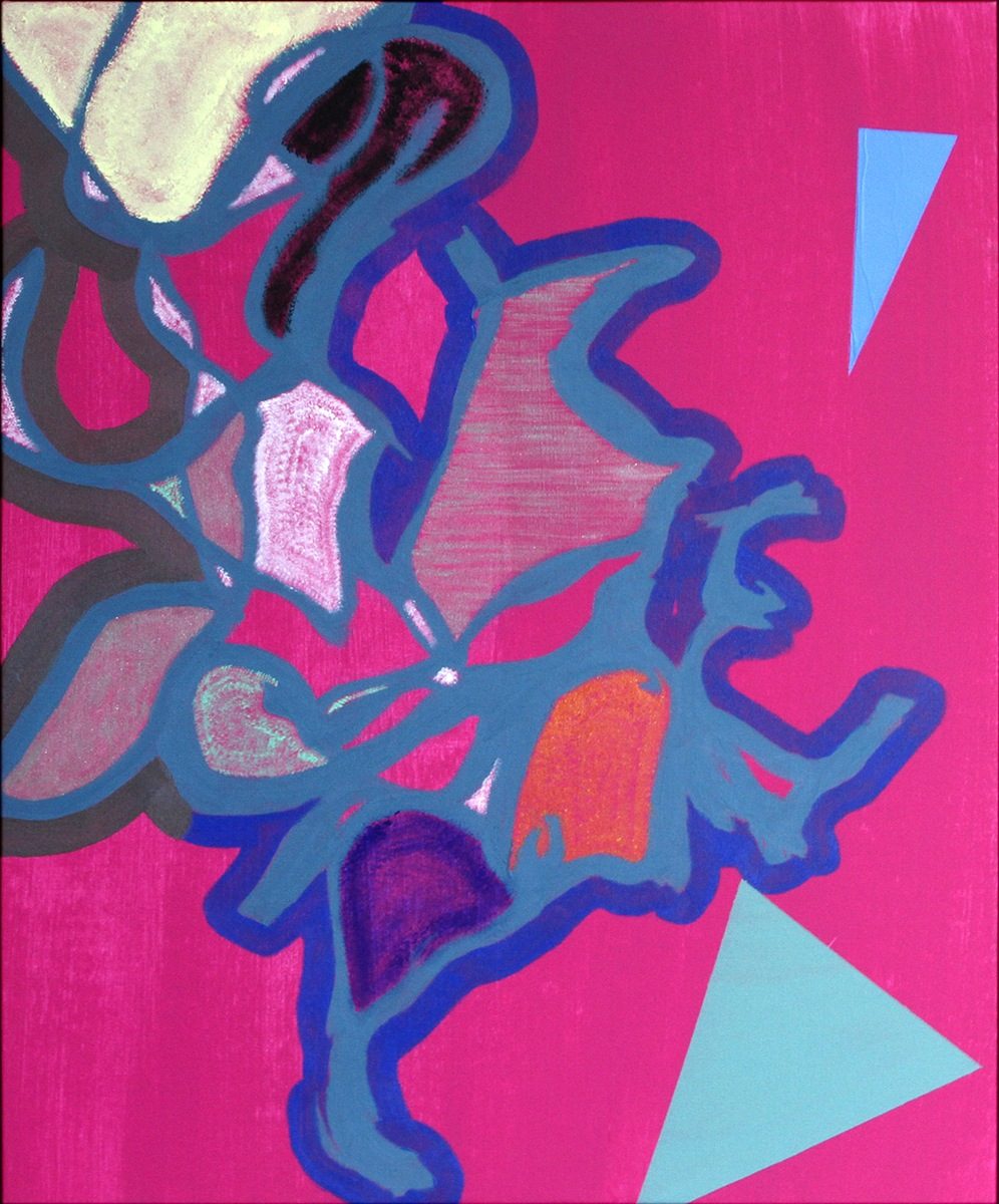 Abstract painting by artist Ellen Kane with a blue, white, purple, and orange design on a vibrant pink background.