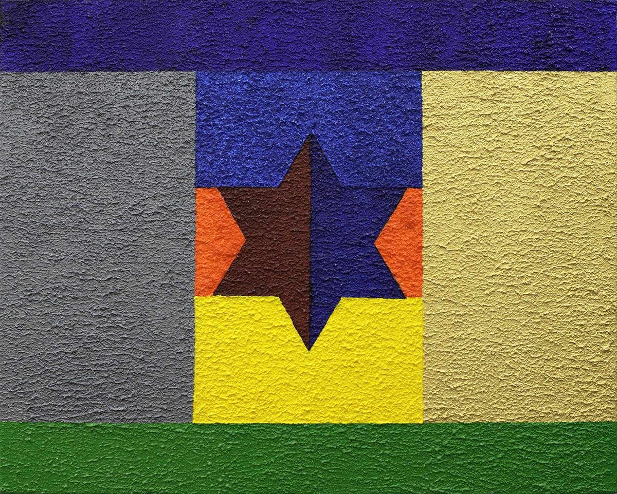 "Untitled" painting by artist Lee Papierowicz featuring geometric shapes and a six pointed star in shades of blue, green, orange, yellow, and beige with texture.